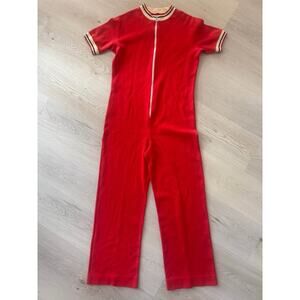 Vintage Retro Jane Colby Red Knit Nautical Cropped Wide Leg Jumpsuit 1970s USA
